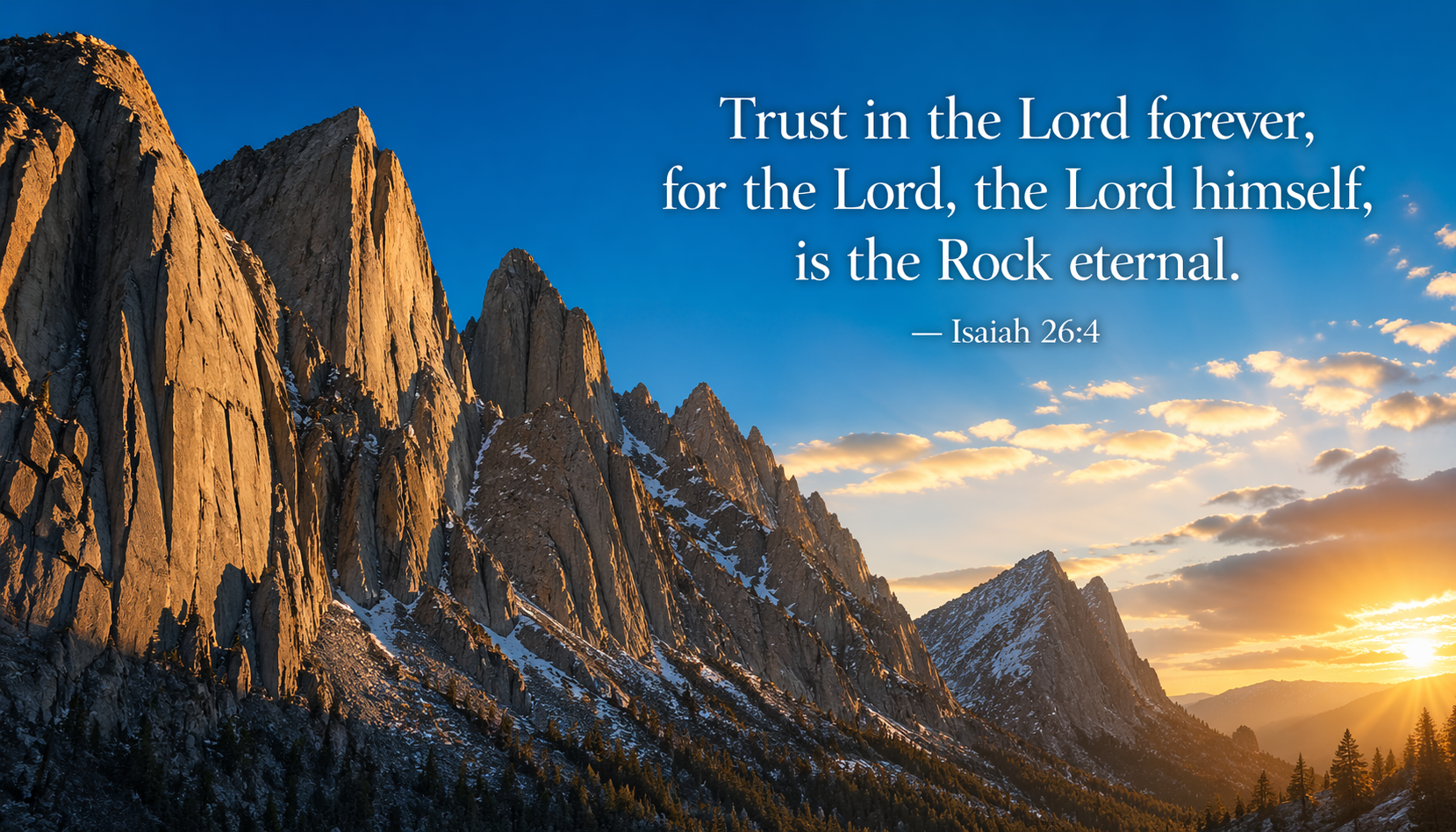 Massive granite cliff faces and rocky mountain peaks catching first blaze of sunrise light warm gold deep blue sky -- Isaiah 26:4 rock eternal wallpaper